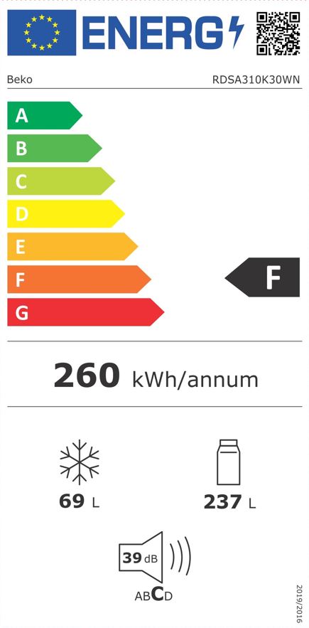 Beko RDSA310K30WN frigorífico e congelador Independente 306 l F B