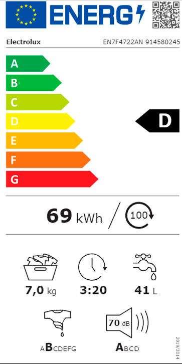 MÁQUINA DE LAVAR ROUPA DE ENCASTRE 7KG ELECTROLUX EN7F4722AN