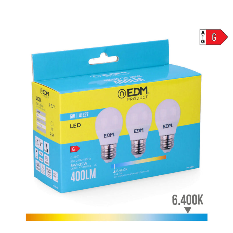 KIT 3 LÂMPADAS ESFÉRICAS LED E27 5W 400LM 6400K LUZ FRIA Ø4,5X8CM