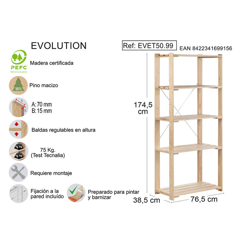 ESTANTE 5 PRATELEIRAS EVOLUTION 5, 76,5X38,5X174,5CM PINHO MACIÇO