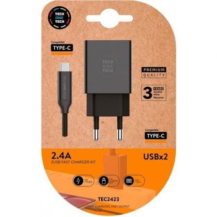 CARGADOR DE PARED TECH ONE TECH TEC2423 2XUSB + CABLE USB TIPO-C