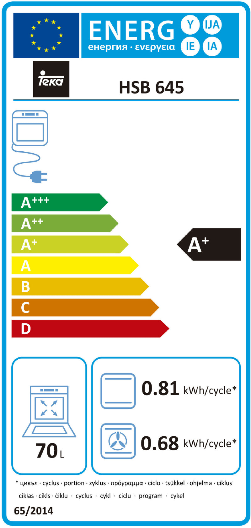 Teka HSB 645 70 l A+ Preto, Aço inoxidável