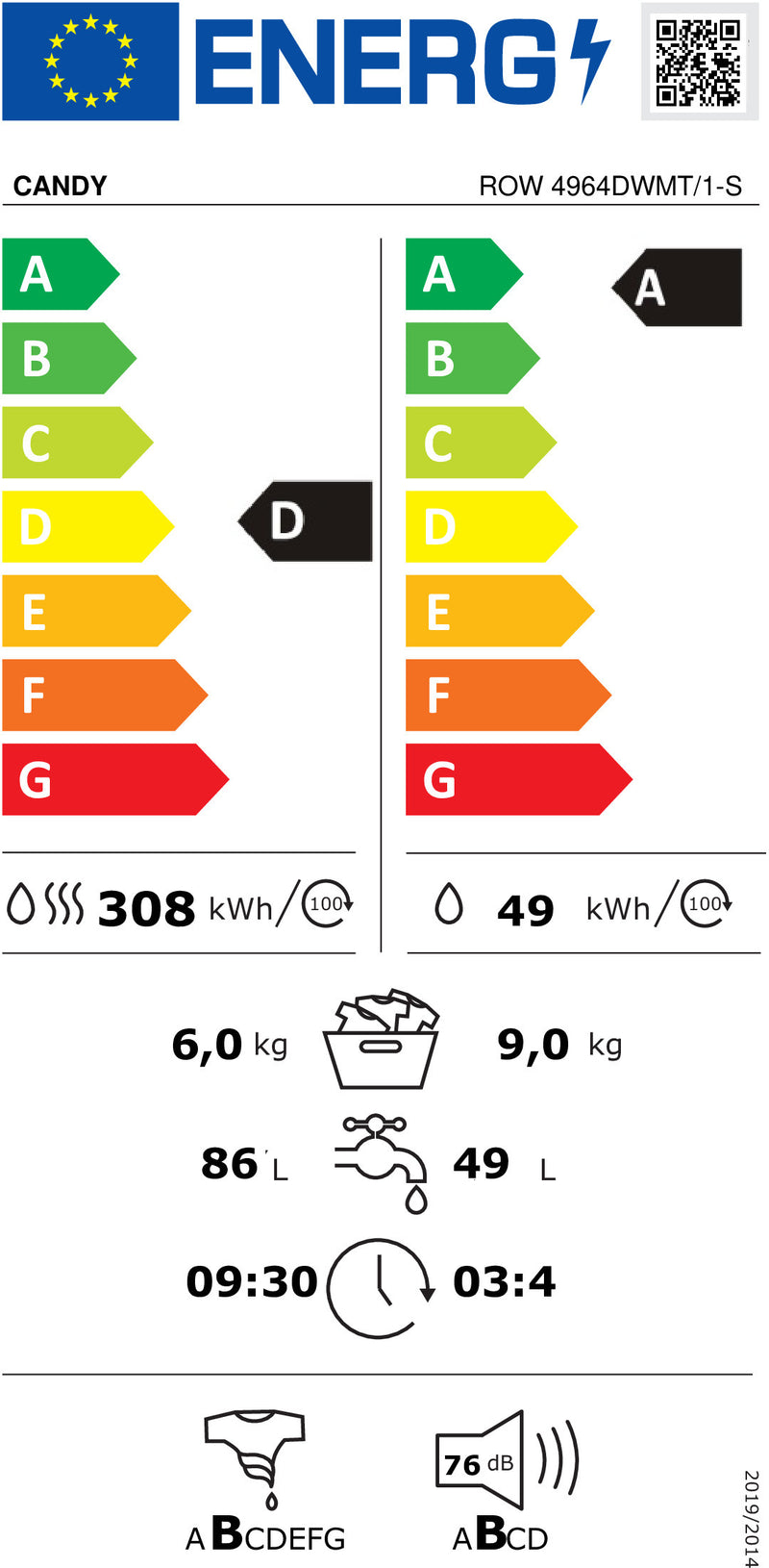 MÁQUINA DE LAVAR E SECAR ROUPA CANDY ROW4964DWMCT1S( 1400 RPM - 9