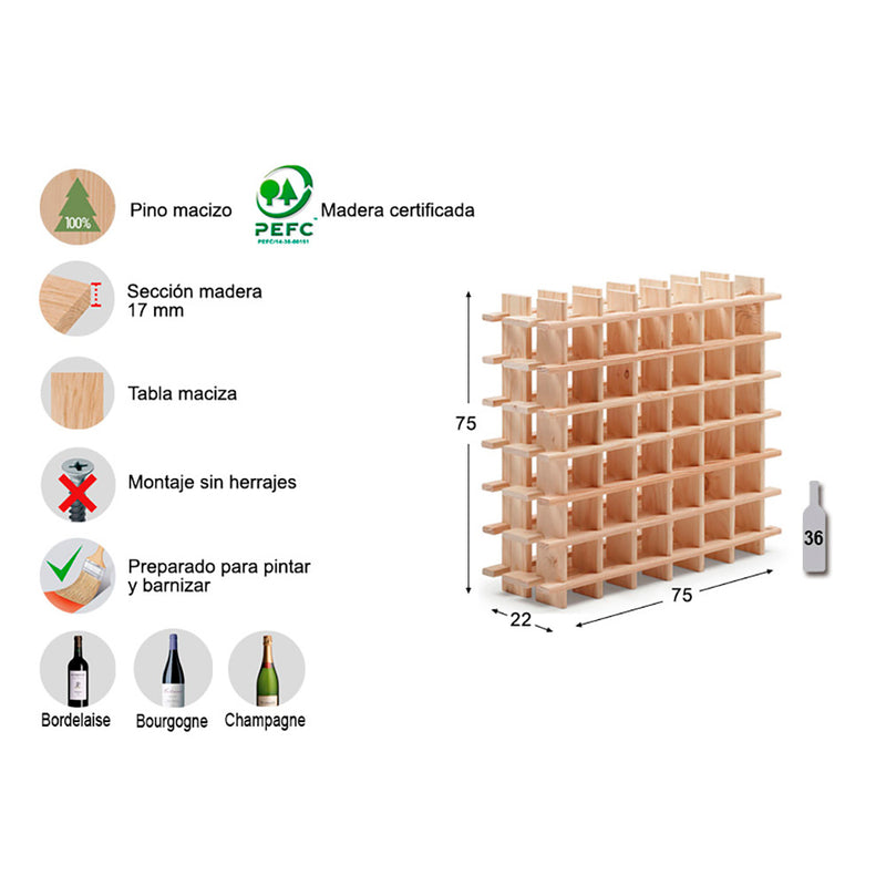GARRAFEIRA EVOLUTIVO RIOJA PARA 36 GARRAFAS PINHO MACIÇO 75X22X75