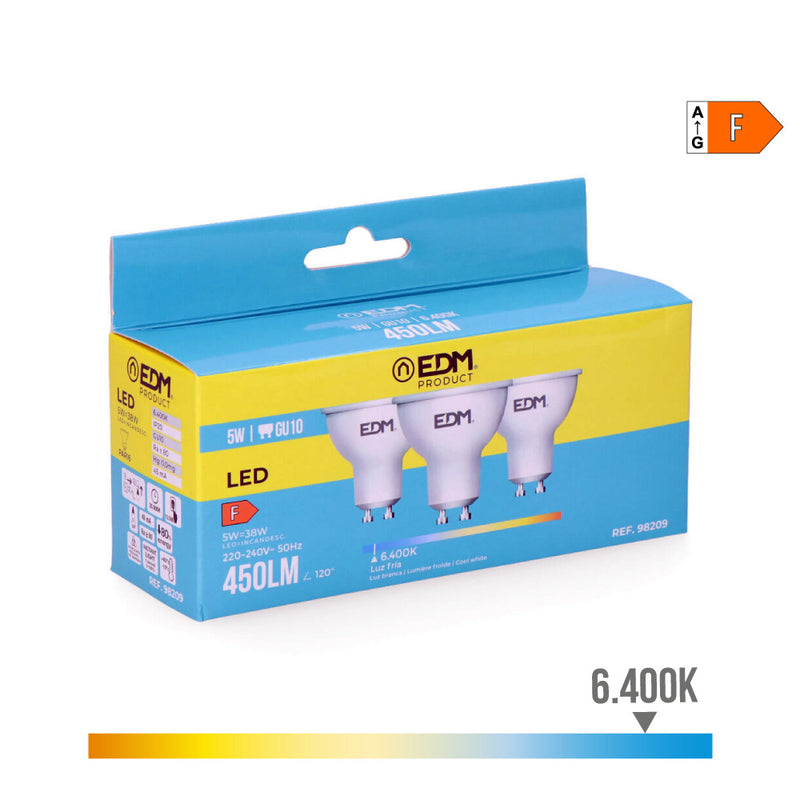 KIT 3 LÂMPADAS DICROICAS LED GU10 5W 450LM 6400K LUZ FRIA Ø5X5,5C