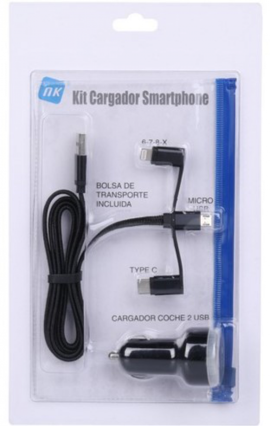 CARGADOR NK COCHE 2XUSB A + CABLE USB 3 EN 1