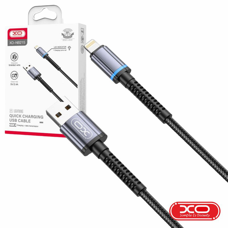 CABO USB-A 2.0 MACHO  LIGHTNING 2.4A C LED PRETO 1M XO