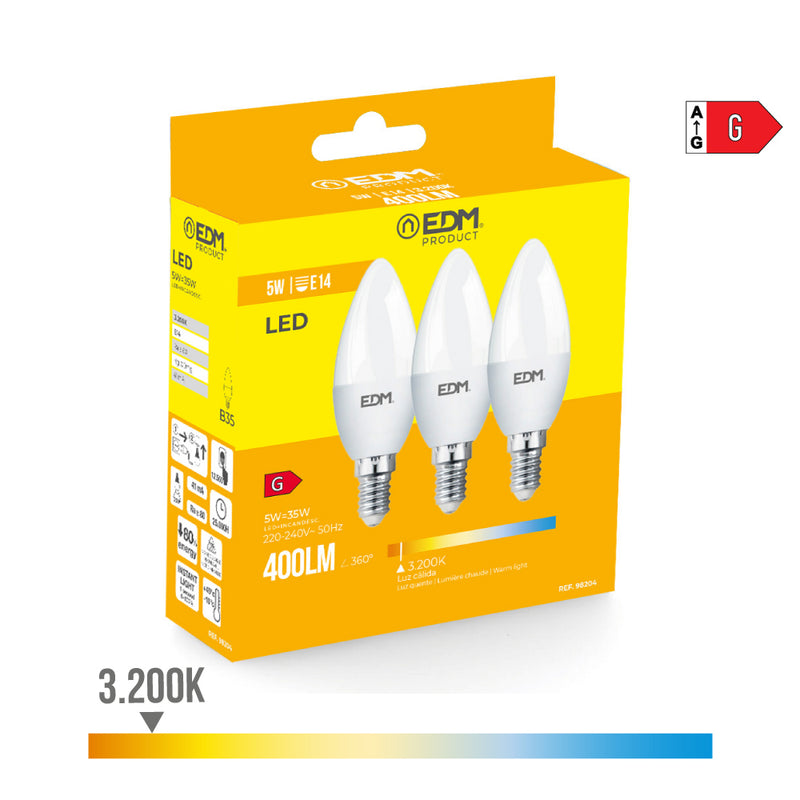 KIT 3 LÂMPADAS VELA LED E14 5W 400LM 3200K LUZ QUENTE Ø3.6X10CM E