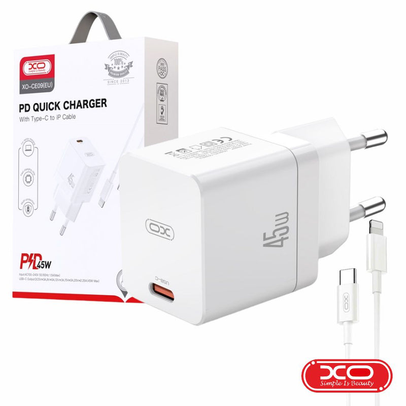 ALIMENTADOR 1 USB-C PD 45W + CABO USB-C P LIGHTNING XO