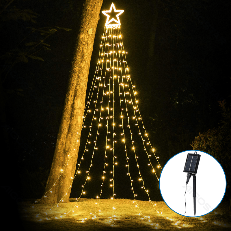 SOLAR PENTAGRAM WATERFALL STRING LIGHT, BRANCO QUENTE, 5M+2M