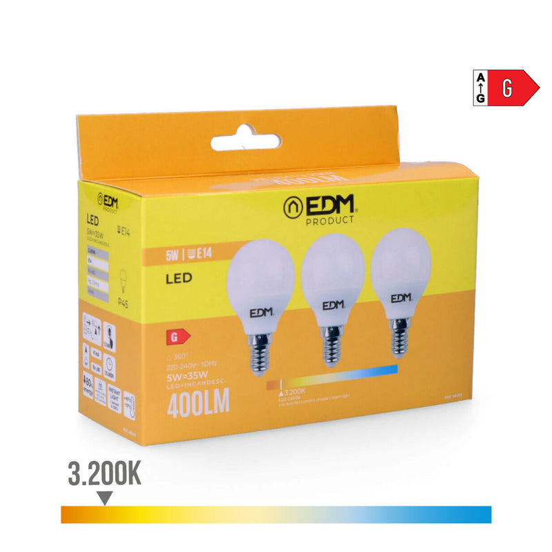 KIT 3 LÂMPADAS ESFÉRICAS LED E14 5W 400LM 3200K LUZ QUENTE Ø4,5X8