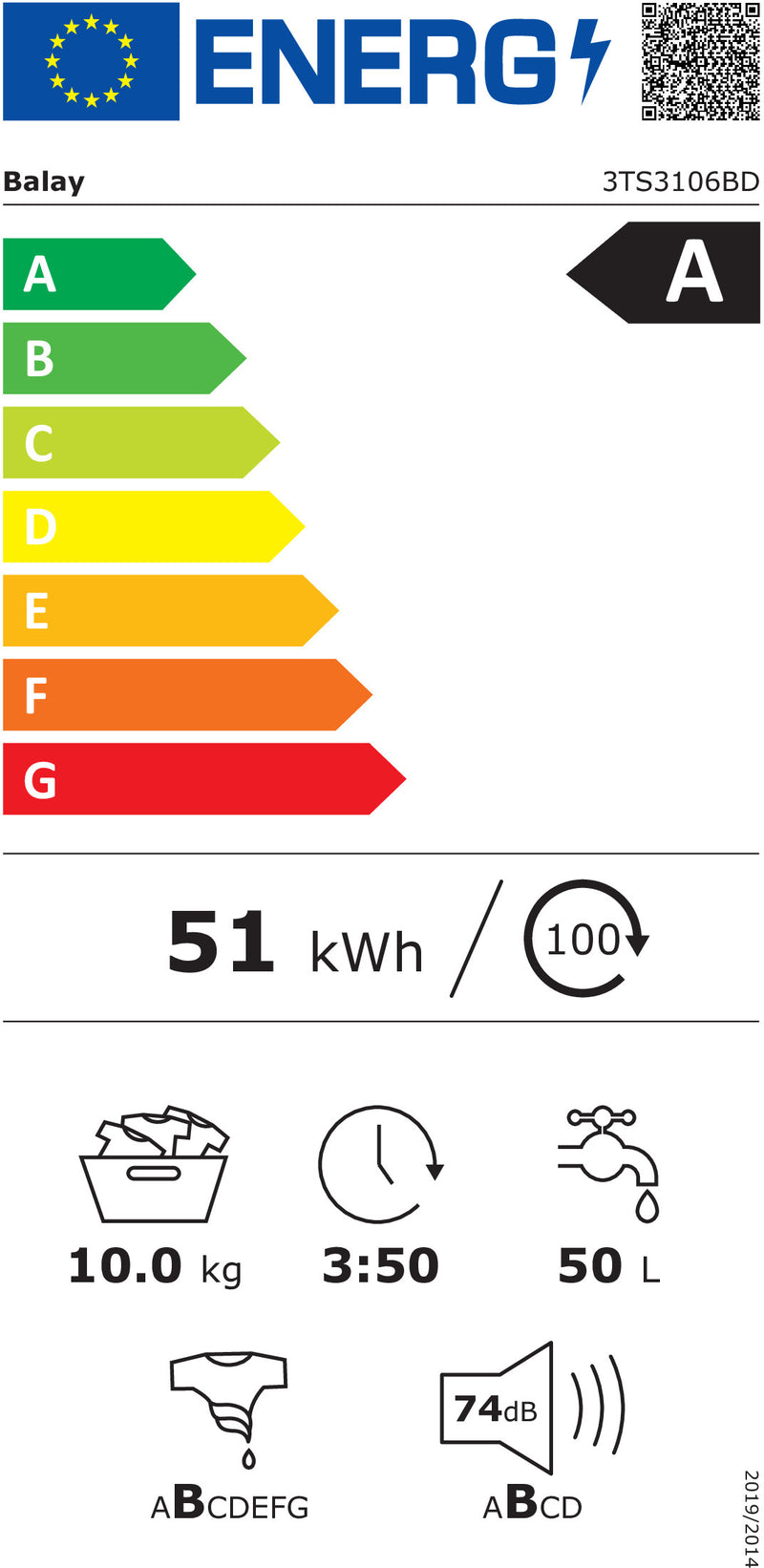 MÁQUINA DE LAVAR ROUPA BALAY 3TS3106BD( 1400 RPM - 10 KG - BRANCO