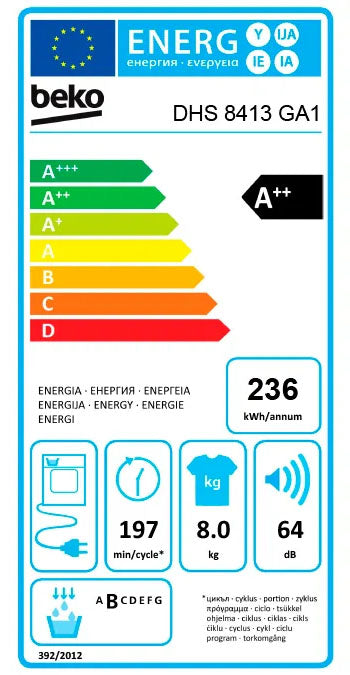 MÁQUINA DE SECAR ROUPA BEKO DHS8413GA1 8KG 16 PROGRAMAS BOMBA DE