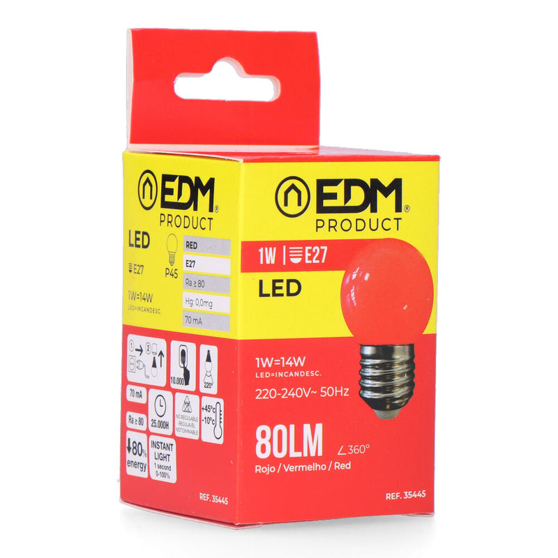 LÂMPADA ESFÉRICA LED E27 1W 80LM LUZ VERMELHA Ø45X69 MM EDM