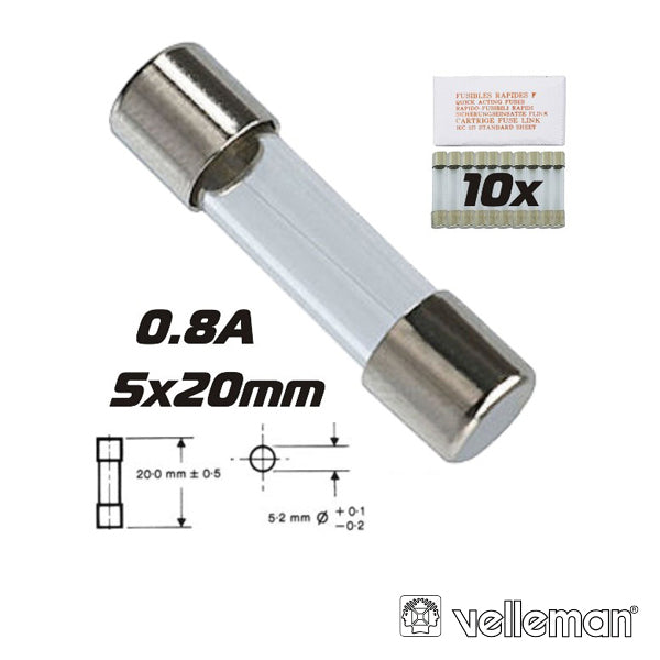 FUSÍVEL 5X20 FUSÃO RÁPIDA 0.8A (10X) VELLEMAN