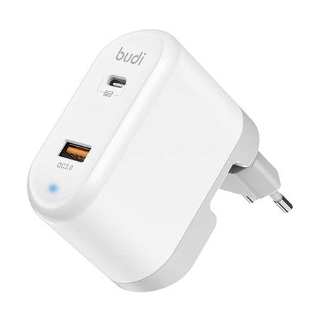 CARREGADOR BUDI 328E USB + USB-C, 18W + ADAPTADORES EUUKUS BRANCO