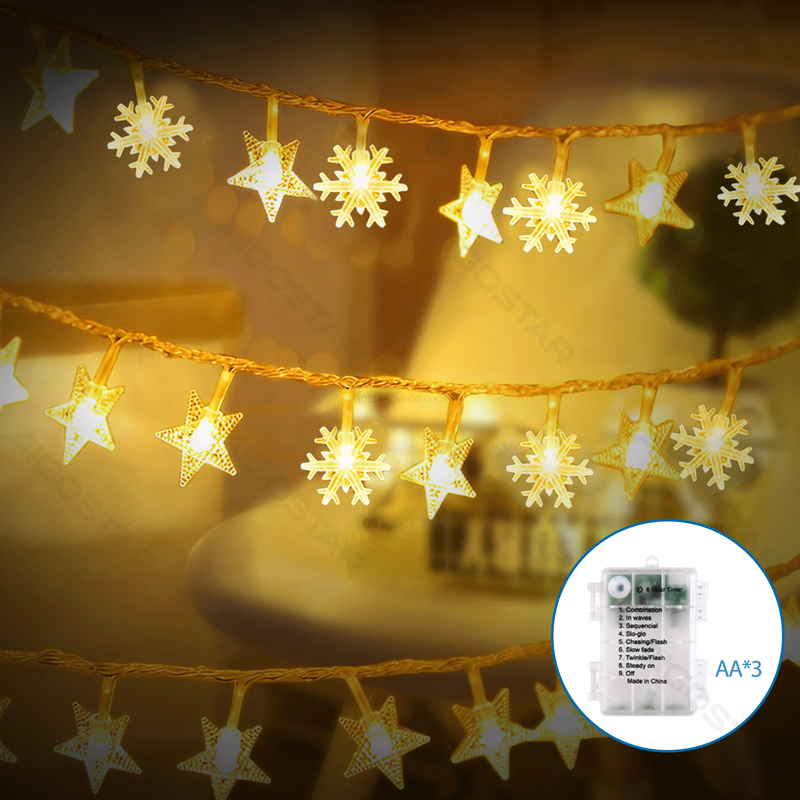 3AA BATTERY STAR SNOWFLAKE STRING LIGHTS, BRANCO QUENTE, 2,5M