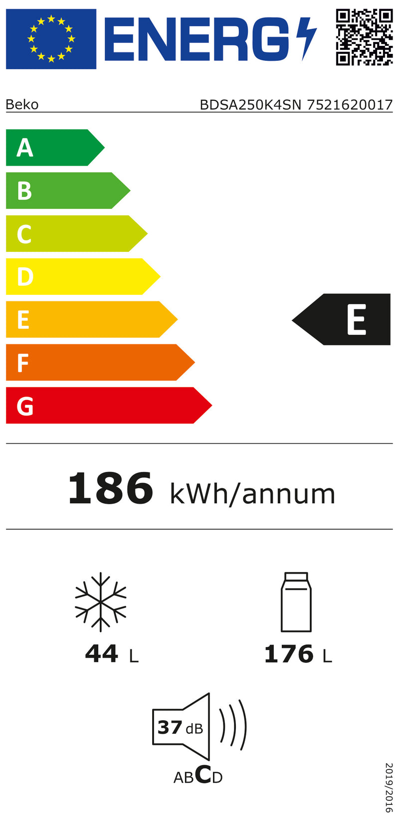 Beko BDSA250K4SN Embutido 220 l E Branco