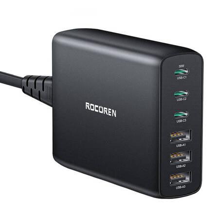 CARREGADOR DE PAREDE GAN ROCOREN 3X USB-C, 3X USB, 100W (PRETO)