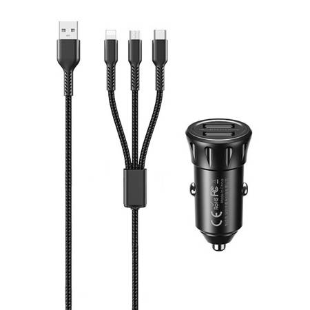 CARREGADOR PARA AUTOMÓVEL 2X USB, REMAX RCC236, 2,4A PRETO + CABO