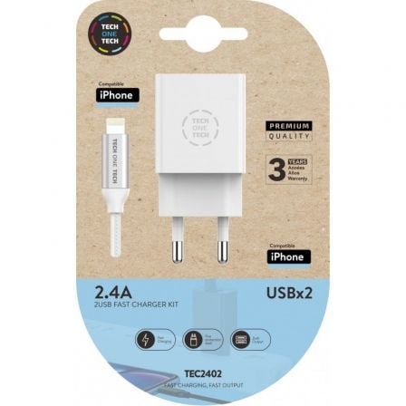 CARGADOR DE PARED TECH ONE TECH TEC2402 2XUSB + CABLE LIGHTNING 2