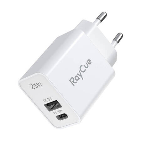 CARREGADOR DE CORRENTE RAYCUE USB-C + USB-A PD 20W UE (BRANCO)