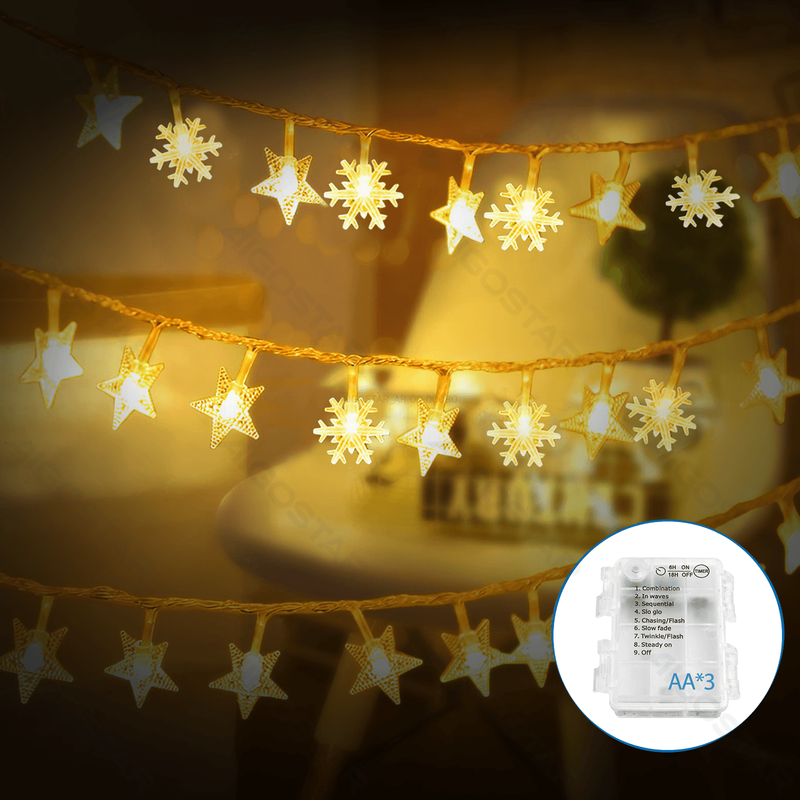 3AA BATTERY STAR SNOWFLAKE STRING LIGHTS, BRANCO QUENTE, 10M