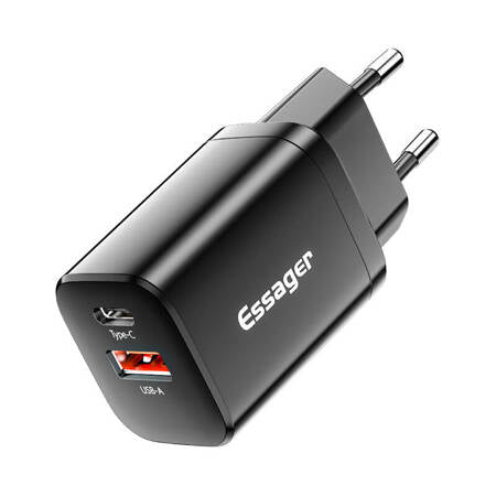 CARREGADOR DE PAREDE USB-C+USB-A 30W ESSAGER PD+QC (PRETO)