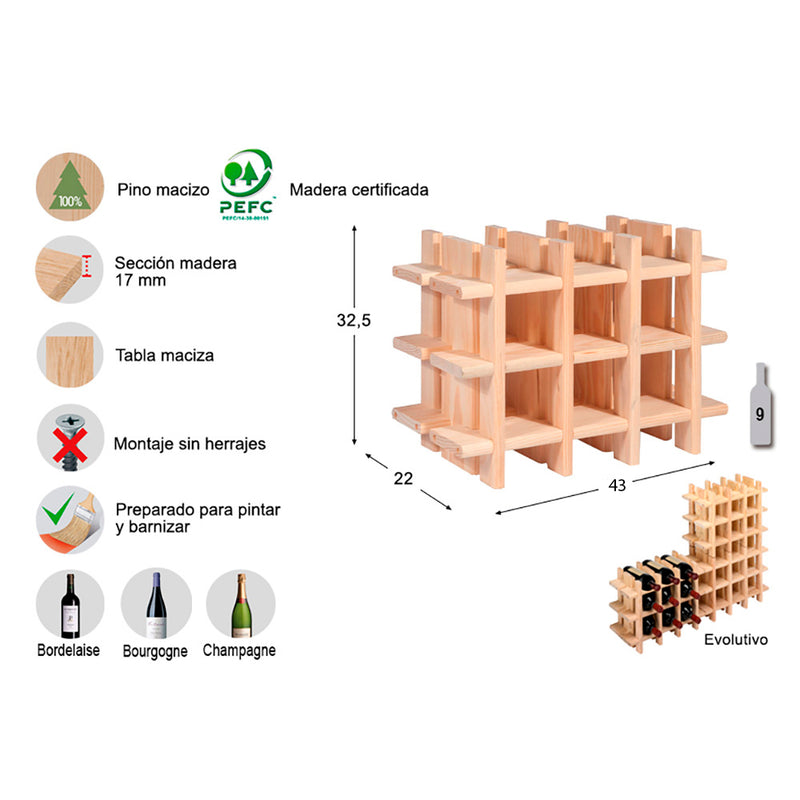 GARRAFEIRA EVOLUTIVO RIOJA PARA 9 GARRAFAS PINHO MACIÇO 43X22X32,