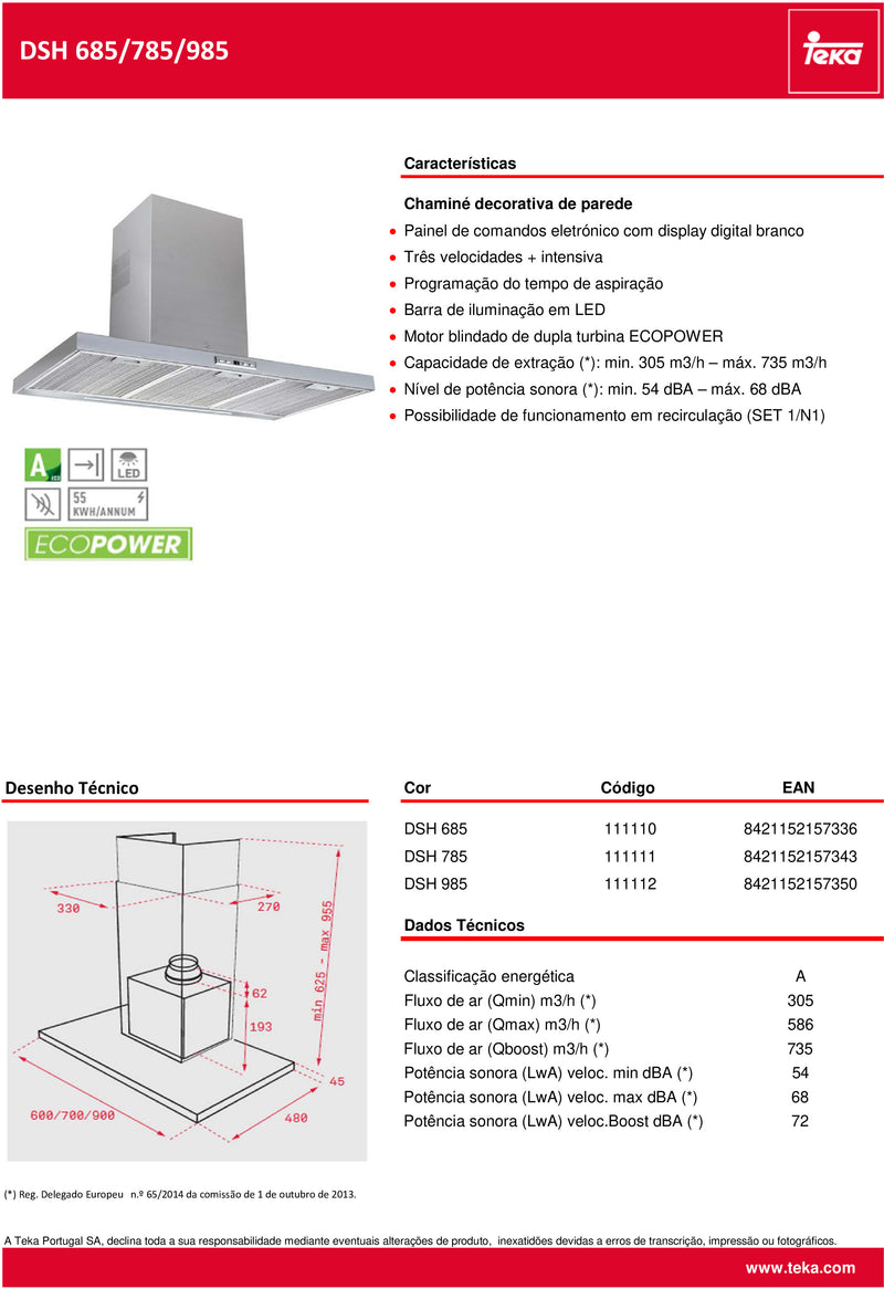 EXAUSTOR TEKA CHAMINÉ DSH985 INOX