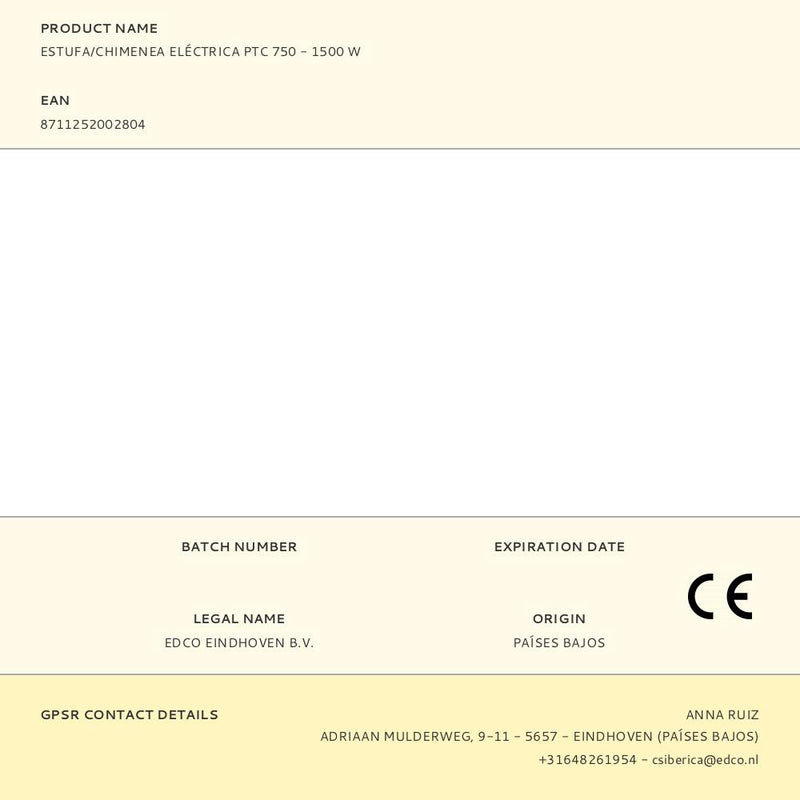 AQUECEDOR / LAREIRA ELÉTRICA PTC 800 - 1500 W