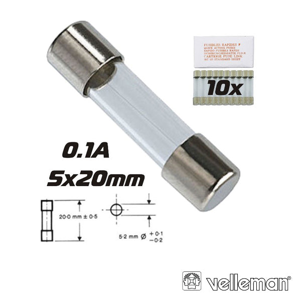 FUSÍVEL 5X20 FUSÃO RÁPIDA 0.1A (10X) VELLEMAN