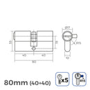 CILINDRO LATÃO 80MM (40+40MM) LARGURA DA CAME R15 COM 5 CHAVES DE