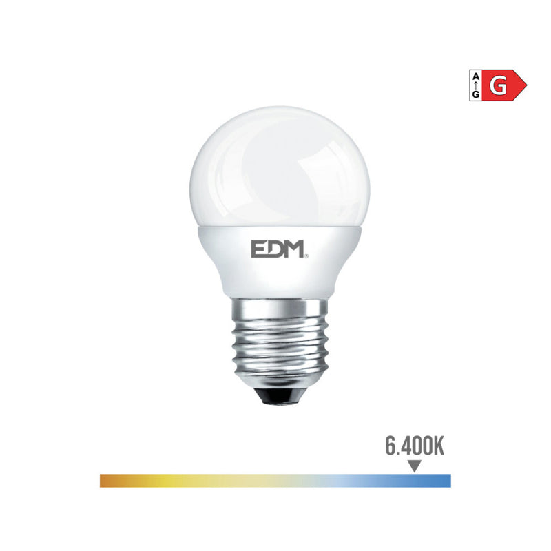 LÂMPADA ESFÉRICA LED E27 5W 400LM 6400K LUZ FRIA Ø4,5X8CM EDM