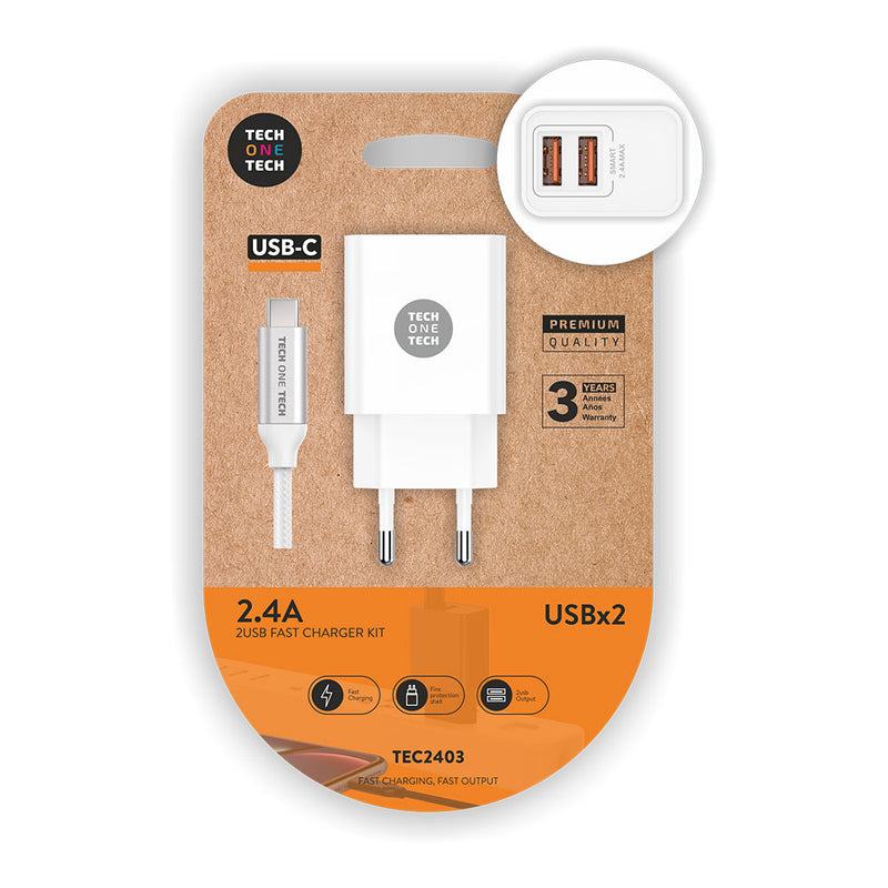 CARGADOR DE PARED TECH ONE TECH TEC2403 2XUSB + CABLE USB TIPO-C