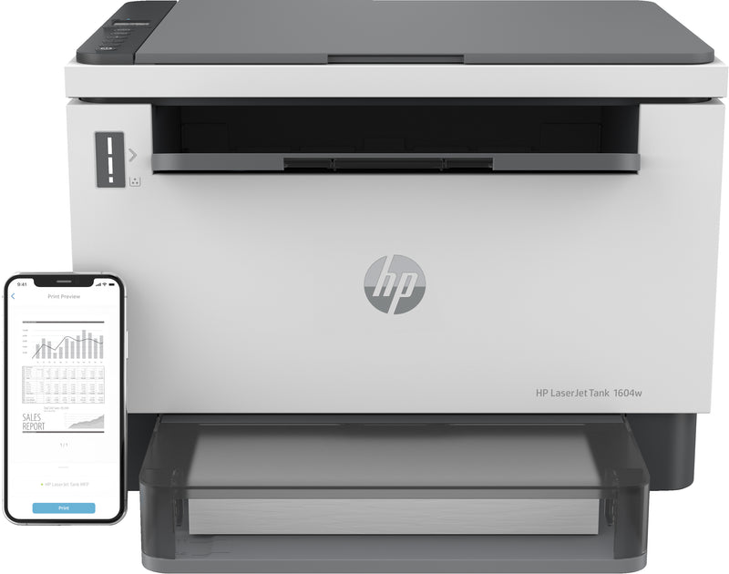 HP LaserJet Multifunções Tank 1604w, Preto e branco, Impressora p