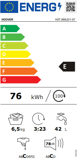 MÁQUINA DE LAVAR ROUPA HOOVER H3T265LE/137 6.5KG