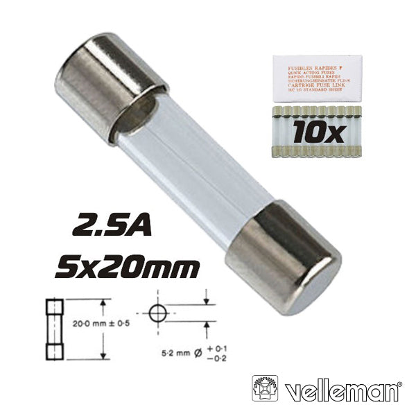 FUSÍVEL 5X20 FUSÃO RÁPIDA 2.5A (10X) VELLEMAN