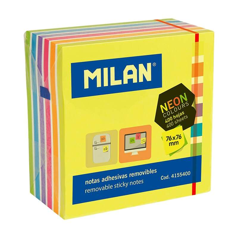 MILAN BLOC DE 400 NOTAS ADHESIVAS NEON - REMOVIBLES - 76MM X 76MM