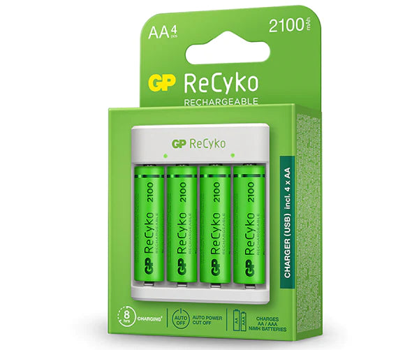 GP RECYKO PACK DE CARGADOR USB + 4 PILAS RECARGABLES 2100MAH AA