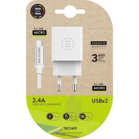 CARGADOR DE PARED TECH ONE TECH TEC2401 2XUSB + CABLE MICRO USB 2