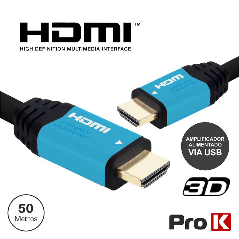 CABO HDMI DOURADO MACHO  MACHO C AMPLIFICADOR 50M PROK