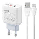 CARREGADOR DE PAREDE LDNIO A2421C USB, USB-C 22,5W + CABO LIGHTNI