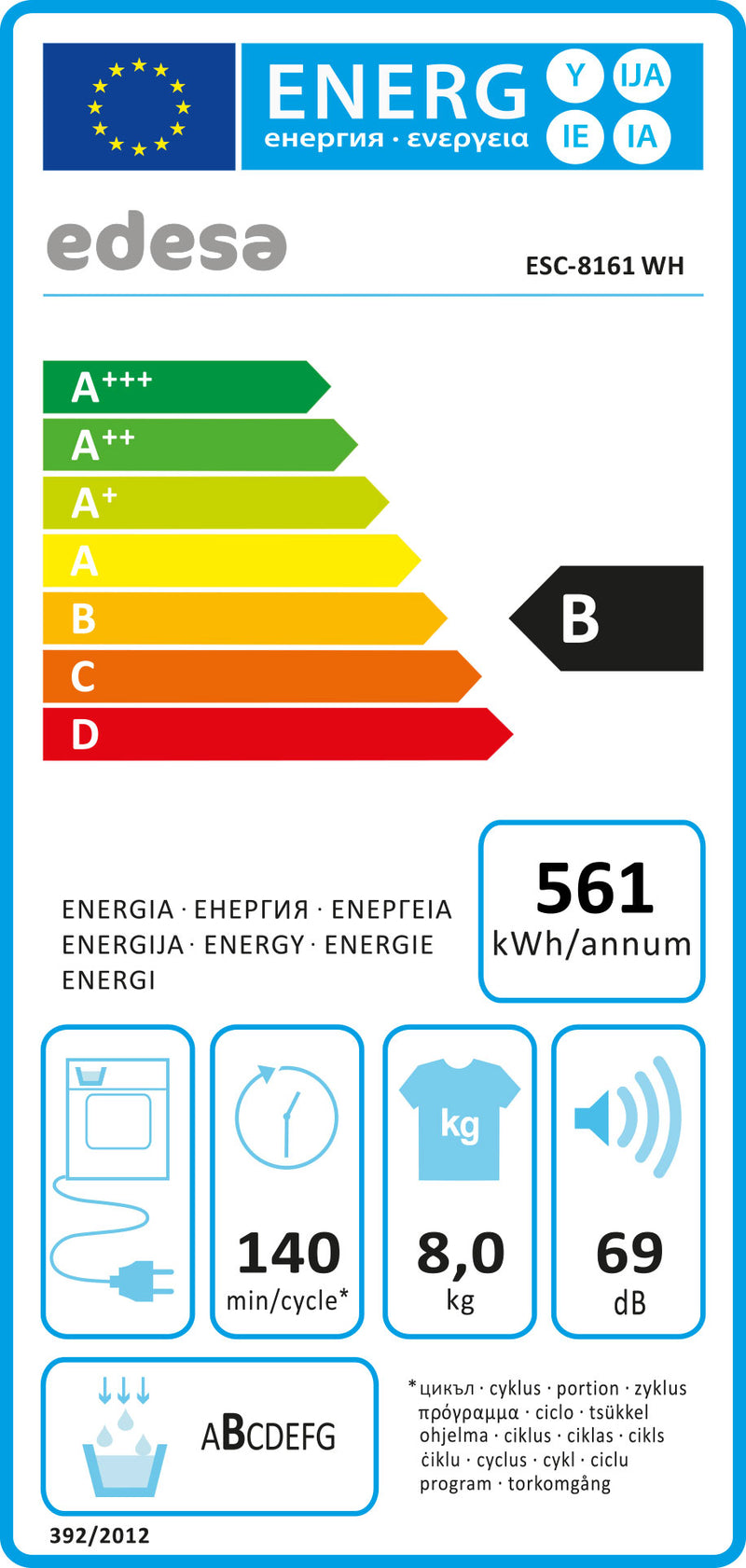 MÁQUINA DE SECAR ROUPA EDESA ESC8161WH( 8 KG - CONDENSAÇÃO  - B