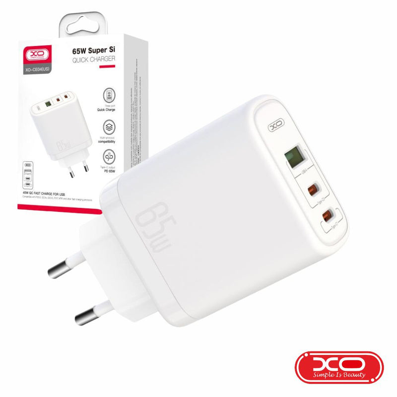 ALIMENTADOR USB-A 45W 3A  2 USB-C PD 65W 3A BRANCO XO