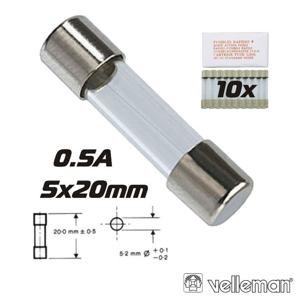 FUSÍVEL 5X20 FUSÃO LENTA 0.5A (10X) VELLEMAN