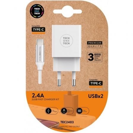 CARGADOR DE PARED TECH ONE TECH TEC2403 2XUSB + CABLE USB TIPO-C