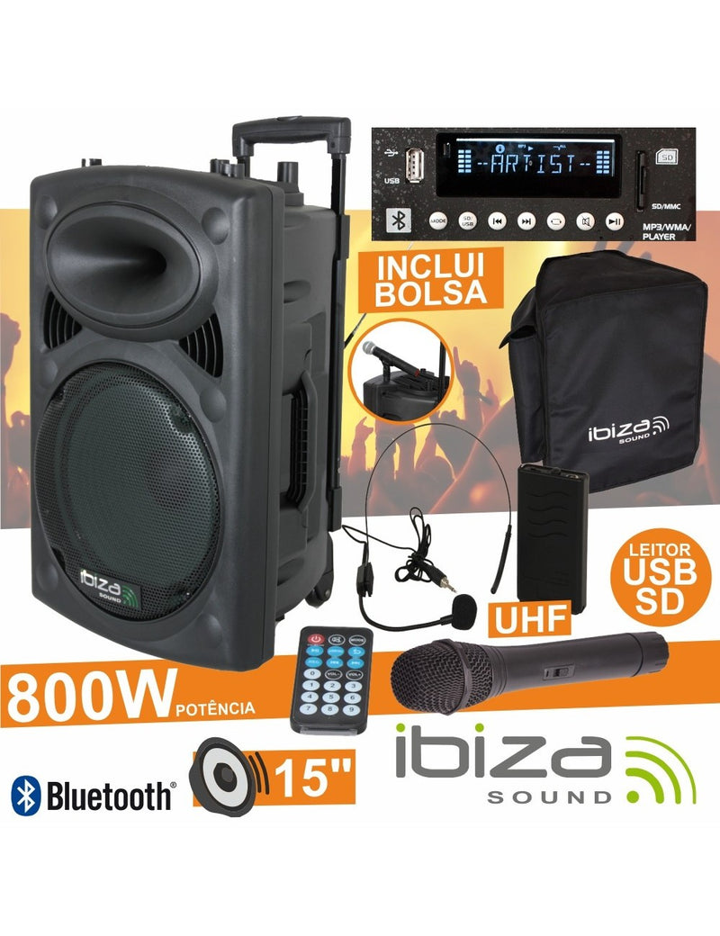 IBIZA COLUNA AMPLIFICADA 15 800W (450W RMS) USB SD REC BT