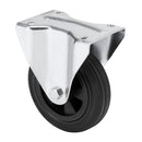 RODA FIXA EM BORRACHA NATURAL COM PLACA E EIXO LISO, COR PRETA, C