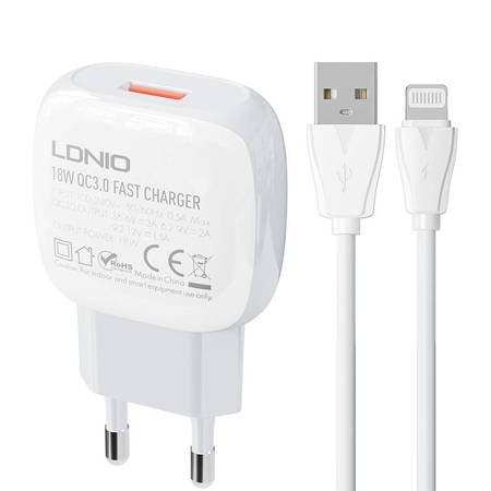 CARREGADOR+CABO USB-ALIGHTNING LDNIO A1307Q 18W BRANCO